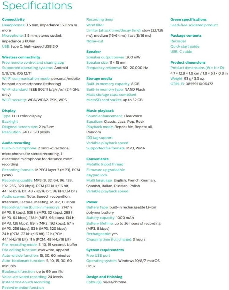 PHILIPS Dictaphone VoiceTracer DVT4110 : Optimisé pour les discours 8Go, 3 Mic