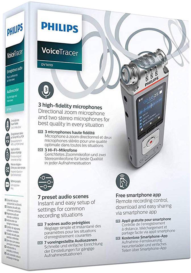 PHILIPS Dictaphone VoiceTracer DVT4110 : Optimisé pour les discours 8Go, 3 Mic