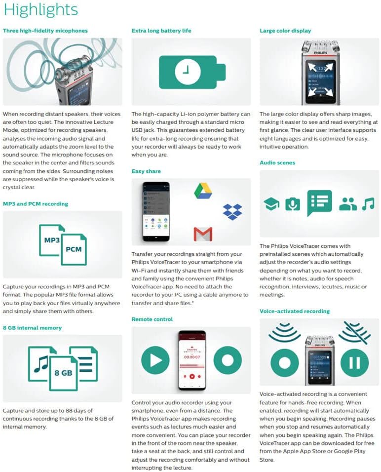PHILIPS Dictaphone VoiceTracer DVT4110 : Optimisé pour les discours 8Go, 3 Mic